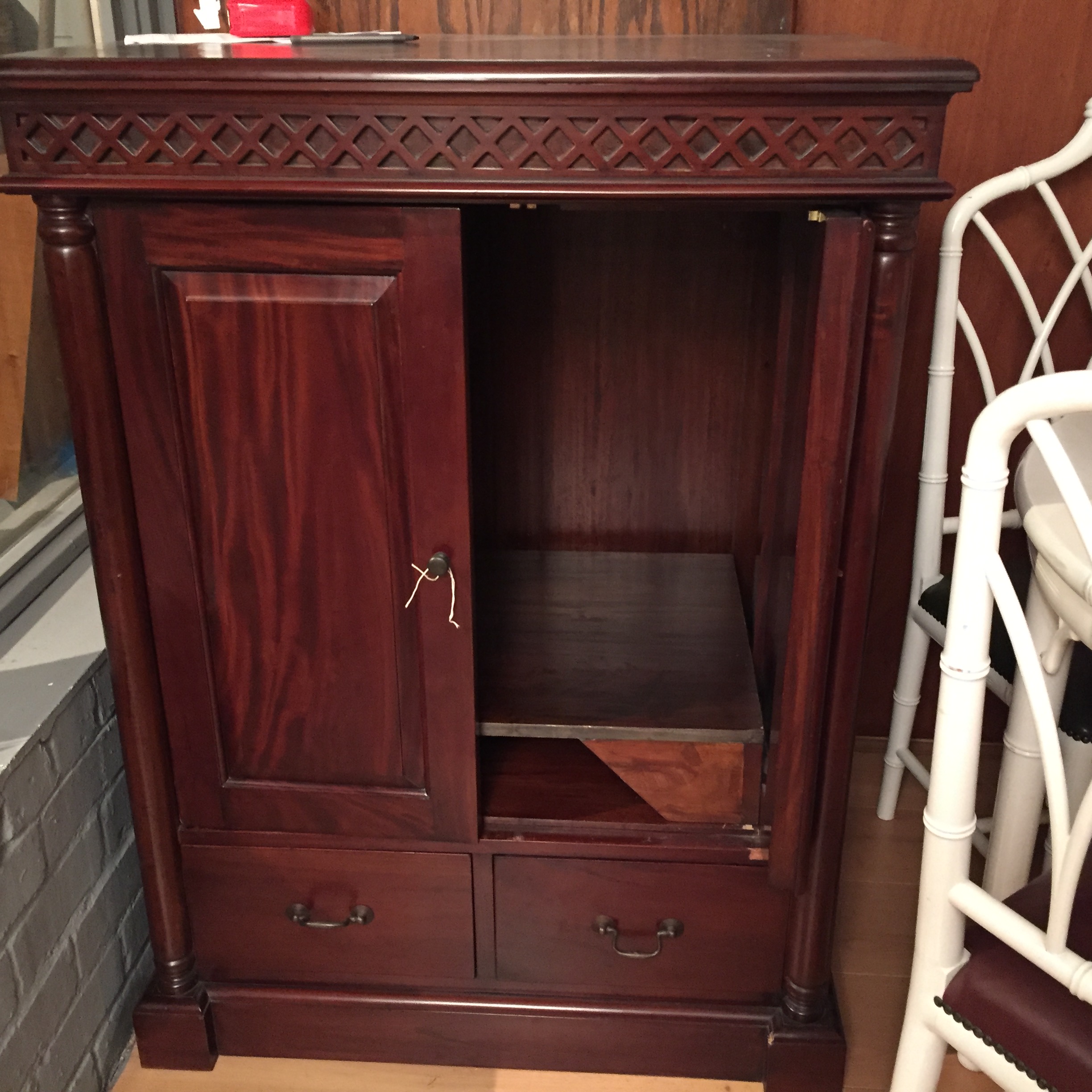 A dark wood television cabinet with drawer beneath. Needs slight repair to door. - Image 2 of 4