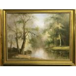 An oil depicting a river scene.