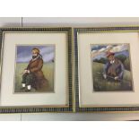 two framed golfing prints.