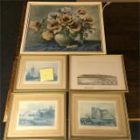 Four sepia prints and a sixties still life, signed