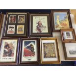 Eight framed advertising prints.