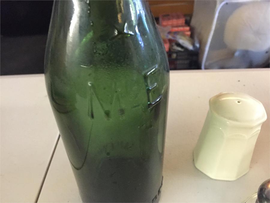 An old stoppered green bottle, salt and pepper sha - Image 2 of 2