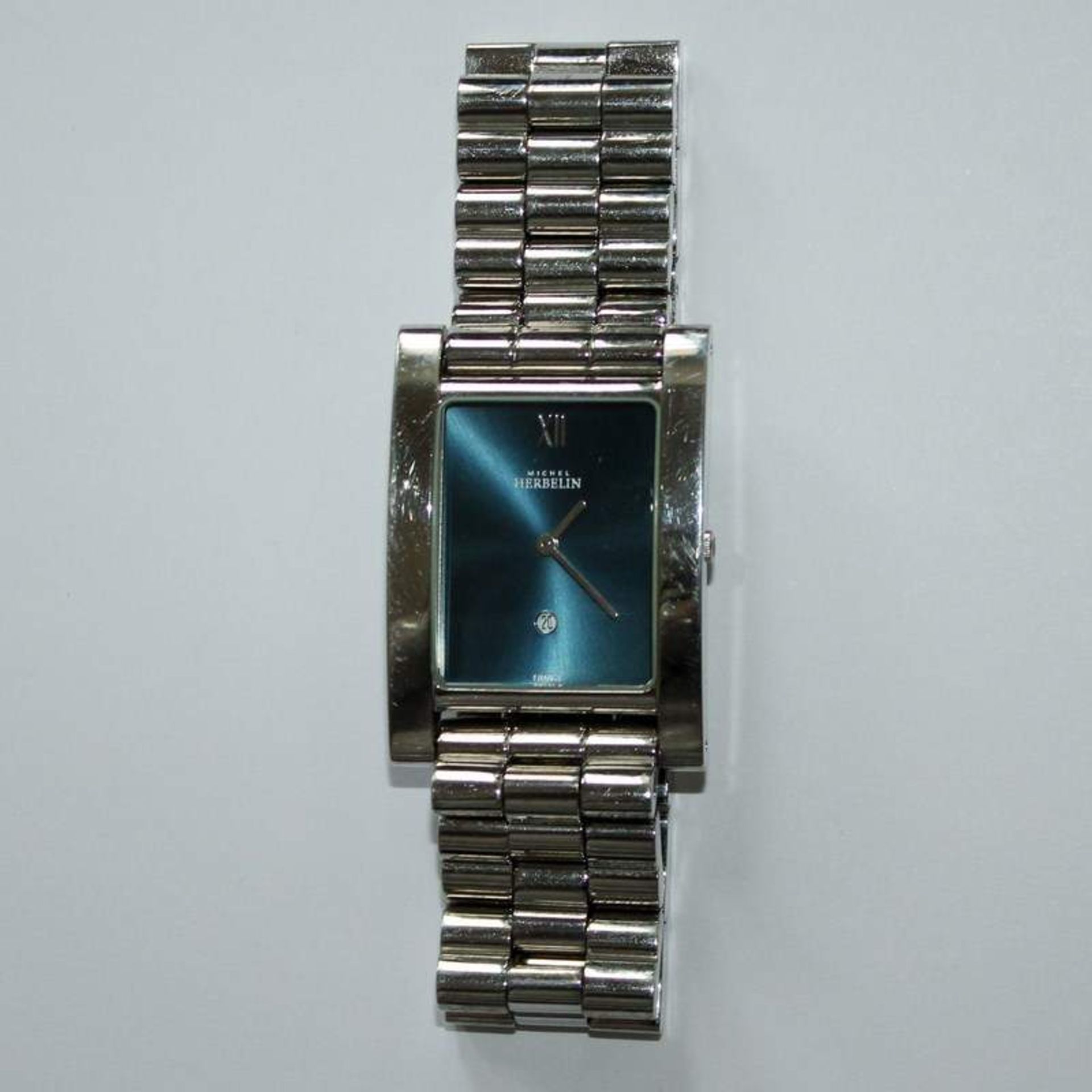 Herrenarmbanduhr - Michel Herbelin Frankreich, rechteckiges Edelstahl-Gehäuse, ca.2,8 x 4cm, grau/