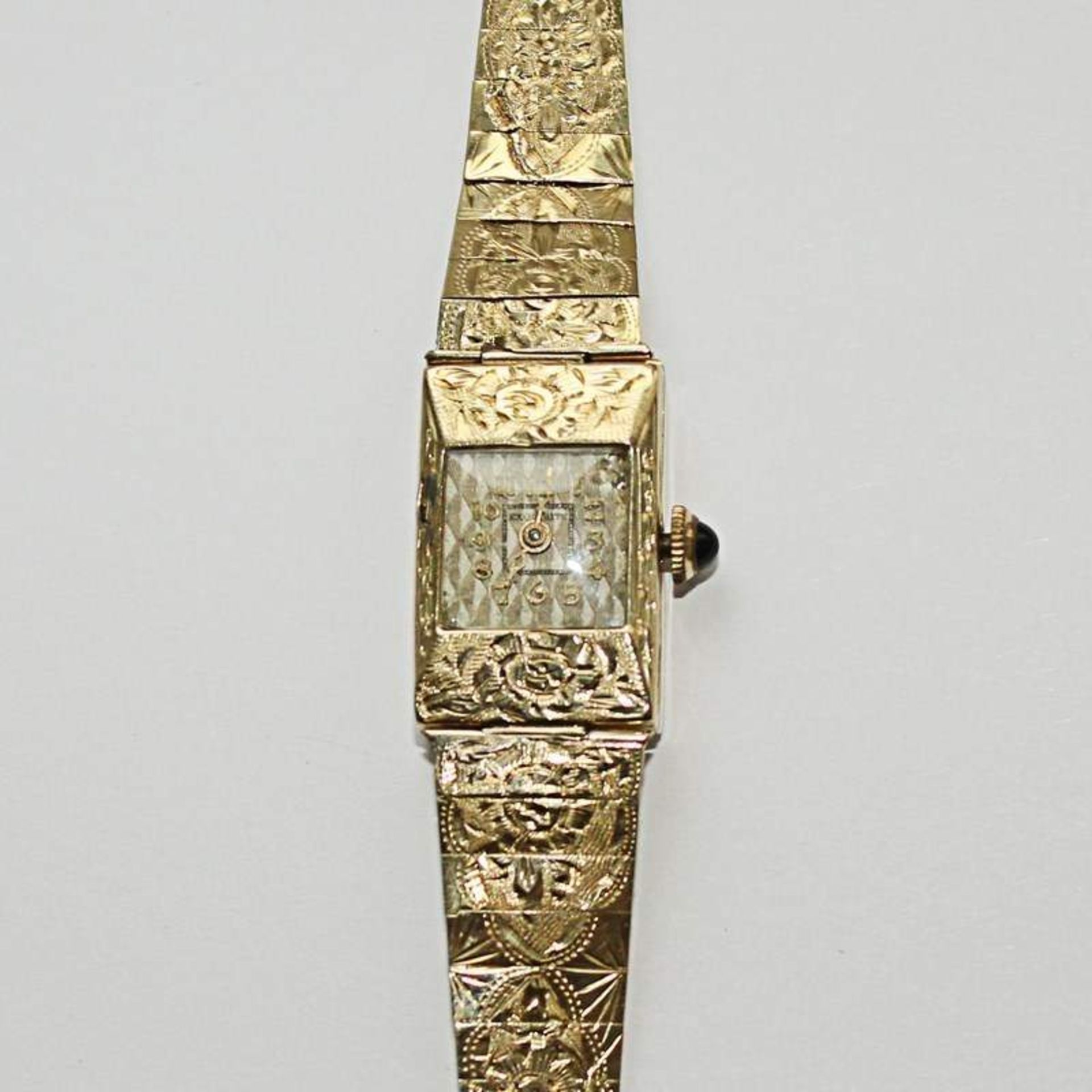 Damenarmbanduhr - Exquisite um 1900, GG 585, rechteckiges Gehäuse, ca.2x1,4cm, silberfarbenes