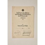 DEUTSCHES REICH 1933 - 1945 - LUFTWAFFE - ALLGEMEIN : Verleihungsurkunde zum Eisernen Kreuz 1.