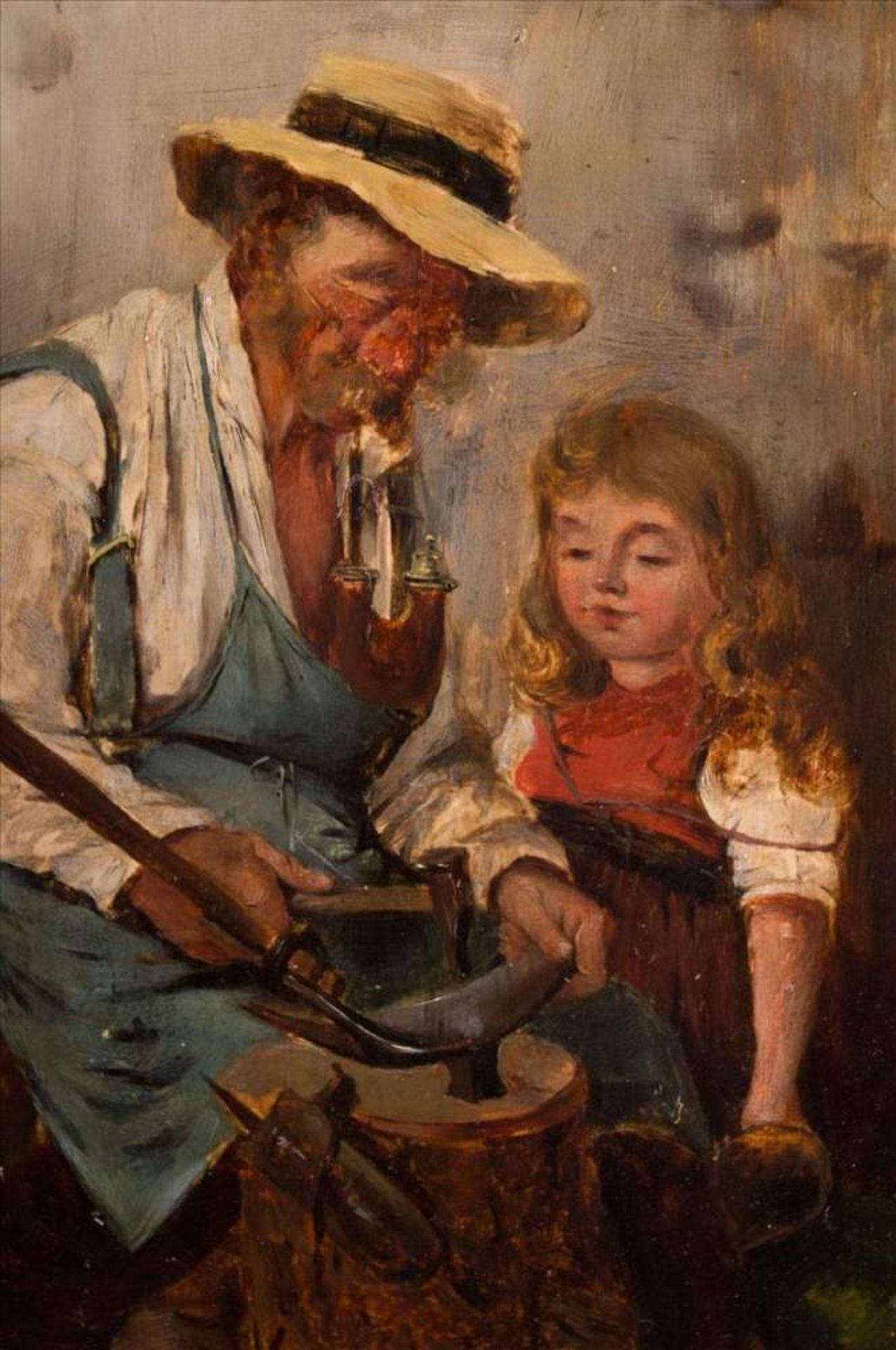 Meister des 19. Jhd / Master of the 19th century"Mädchen mit Großvater beim Sense dengeln"Gemälde - Image 5 of 10
