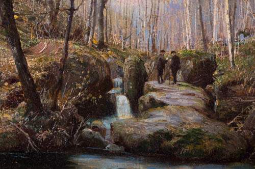 N. BÉRAUD (XIX-XX)"Bachlauf im Wald mit Personenstaffage"Gemälde Öl/Malkarton, 22,5 cm x 34,2 cm,
