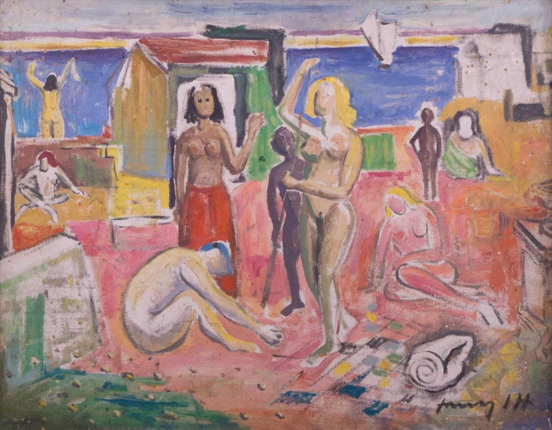 Johann Franz 20. Jhd."Am FKK Strand"Gemälde Öl/Hartfaserplatte, 50 cm x 65 cm,rechts unten
