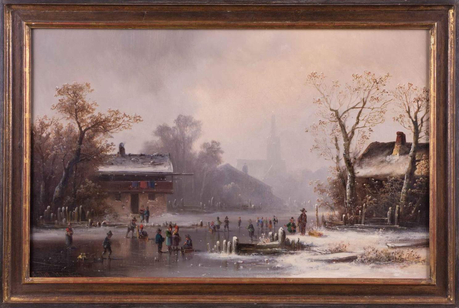 Anton DOLL (1826-1887)"Winterliches Eisvergnügen auf Zugefrorenem Teich"Gemälde Öl/Leinwand, 41 cm x