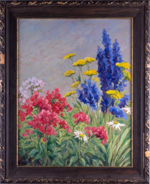 C.Felber"Gartenstillleben mit Rittersporn"Gemälde Öl/Leinwand, 63 cm x 50 cm,links unten