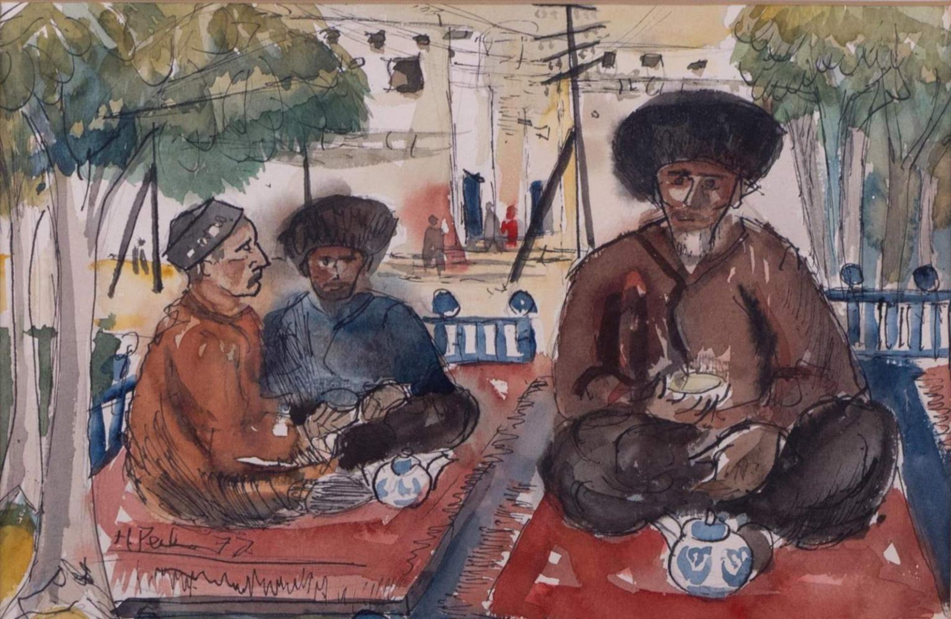 Russischer Künstler des 20. Jhd. / Russian artist, 20th century"Kossaken beim Tee"Zeichnung-