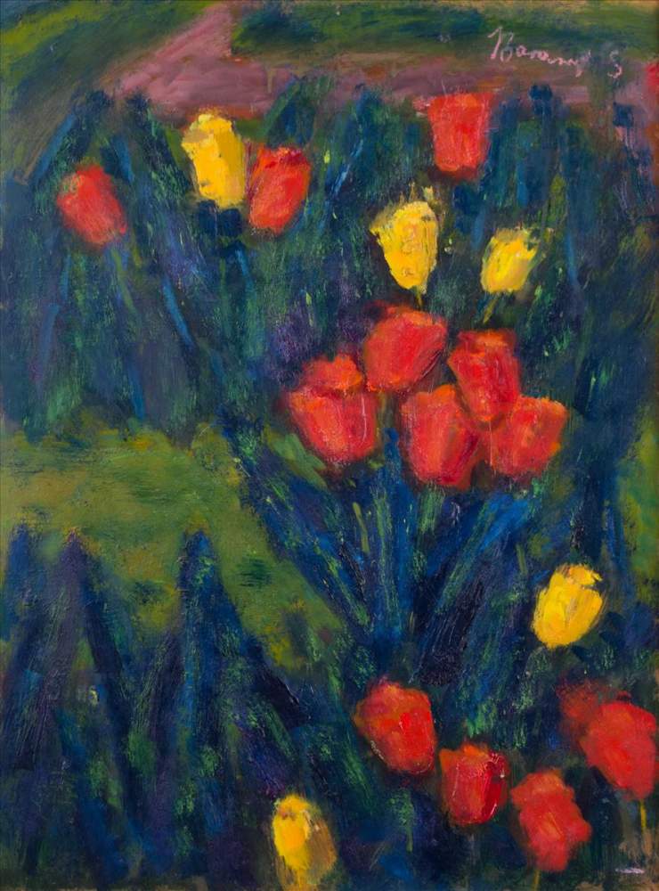 Sándor BARANYO (1920-2001)"Garten mit Tulpen"Gemälde Öl/Hartfaser, 80 cm x 60 cm,rechts oben