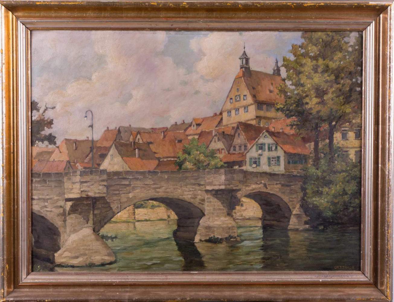 Christian STRAUB (c.1881-1950)"Besigheim mit Enzbrücke"Gemälde Öl/Karton, 56 cm x 77 cm,verso - Image 2 of 9