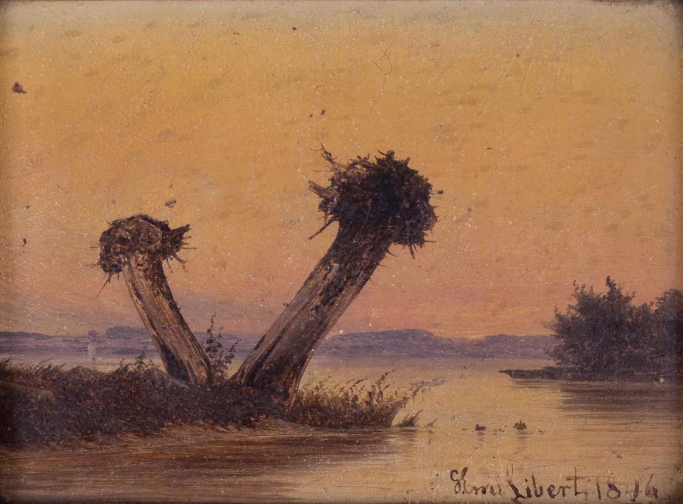 Georg Emil LIBERT (1820-1908)"Kopfweiden am Wasser"Gemälde Öl/Karton, 15 cm x 20 cm,rechts unten