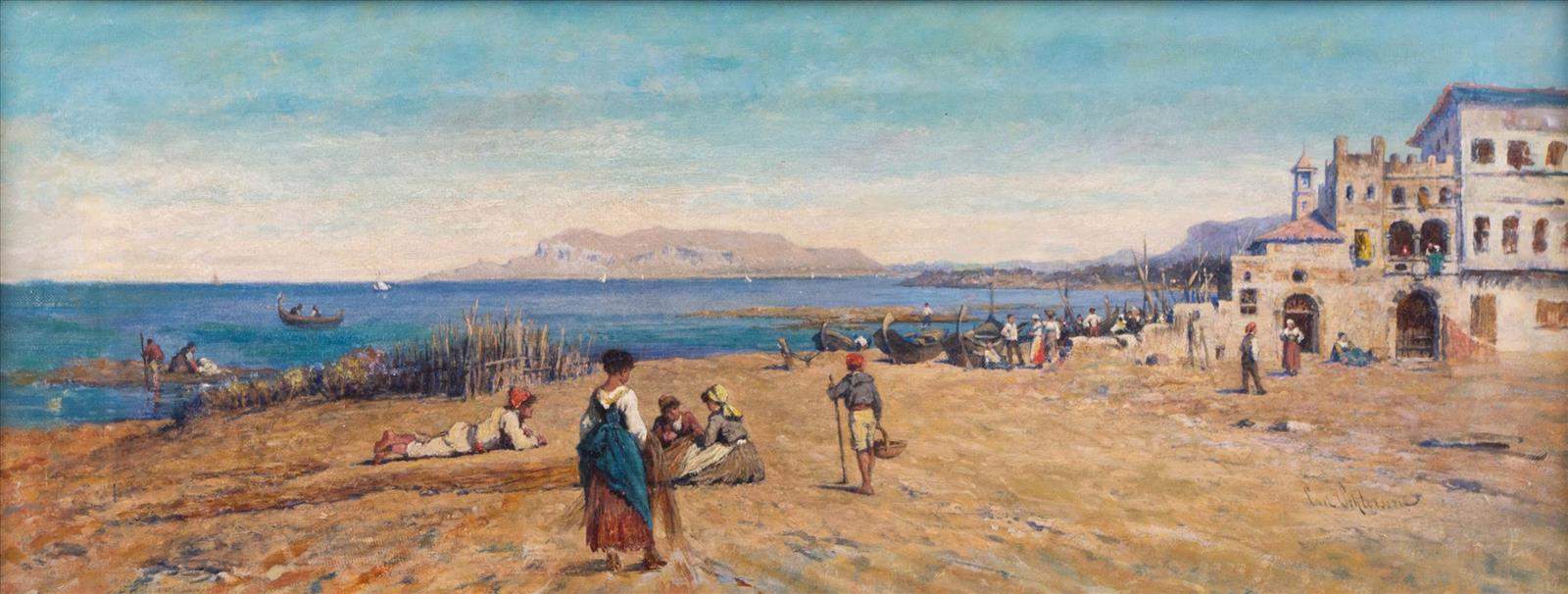 Carl SCHLÖSSER (1832-1914)"buntes Treiben in Fischerdorf vor Capri"Gemälde Öl/Leinwand, 25,5 cm x 64