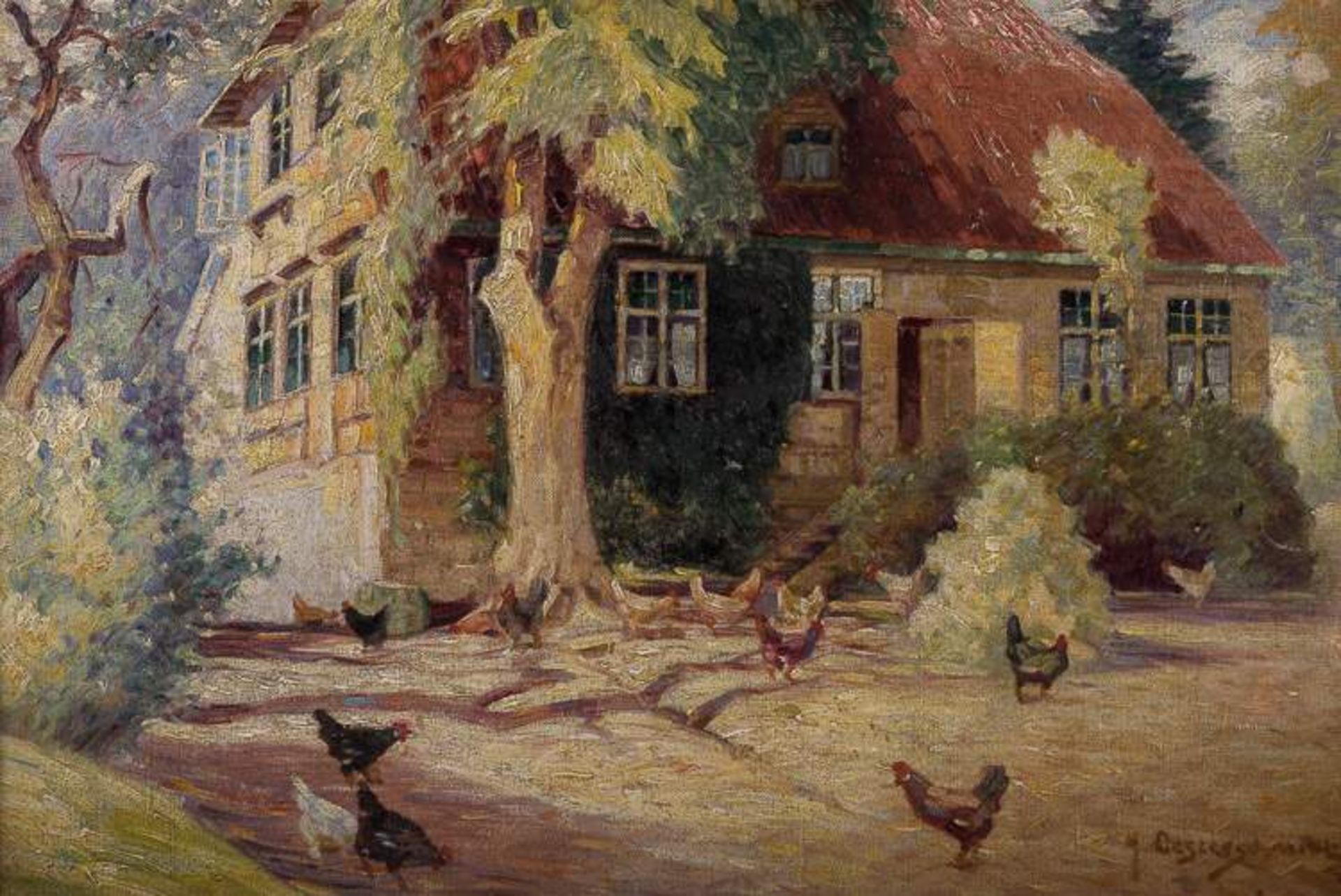 Heinrich OESTERSCHMIDT (XIX-XX)"Bauernkate unter Bäumen mit Hühnern"Gemälde Öl/Leinwand, 40,5 cm x