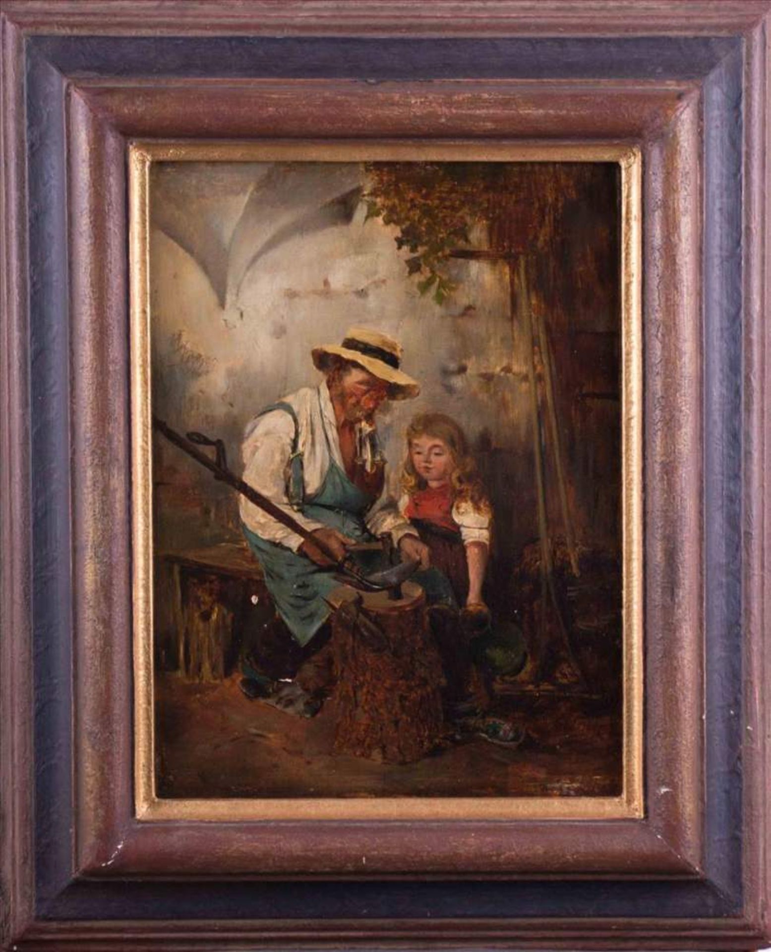 Meister des 19. Jhd / Master of the 19th century"Mädchen mit Großvater beim Sense dengeln"Gemälde