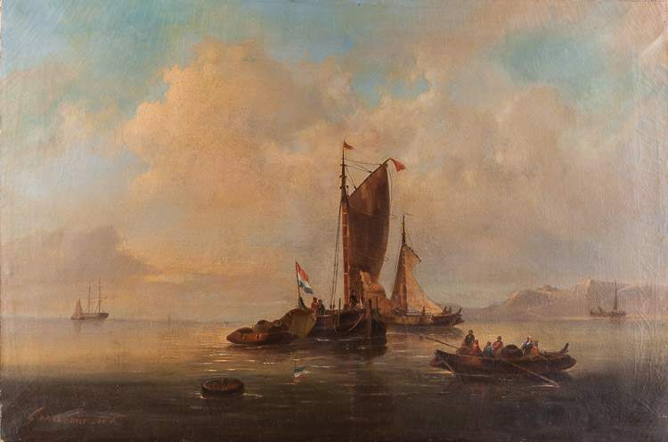Govert VAN EMMERIK (1808-1882)"Seegelboote beim Ankern in Bucht"Gemälde Öl/Leinwand, 86 cm x 59 cm,
