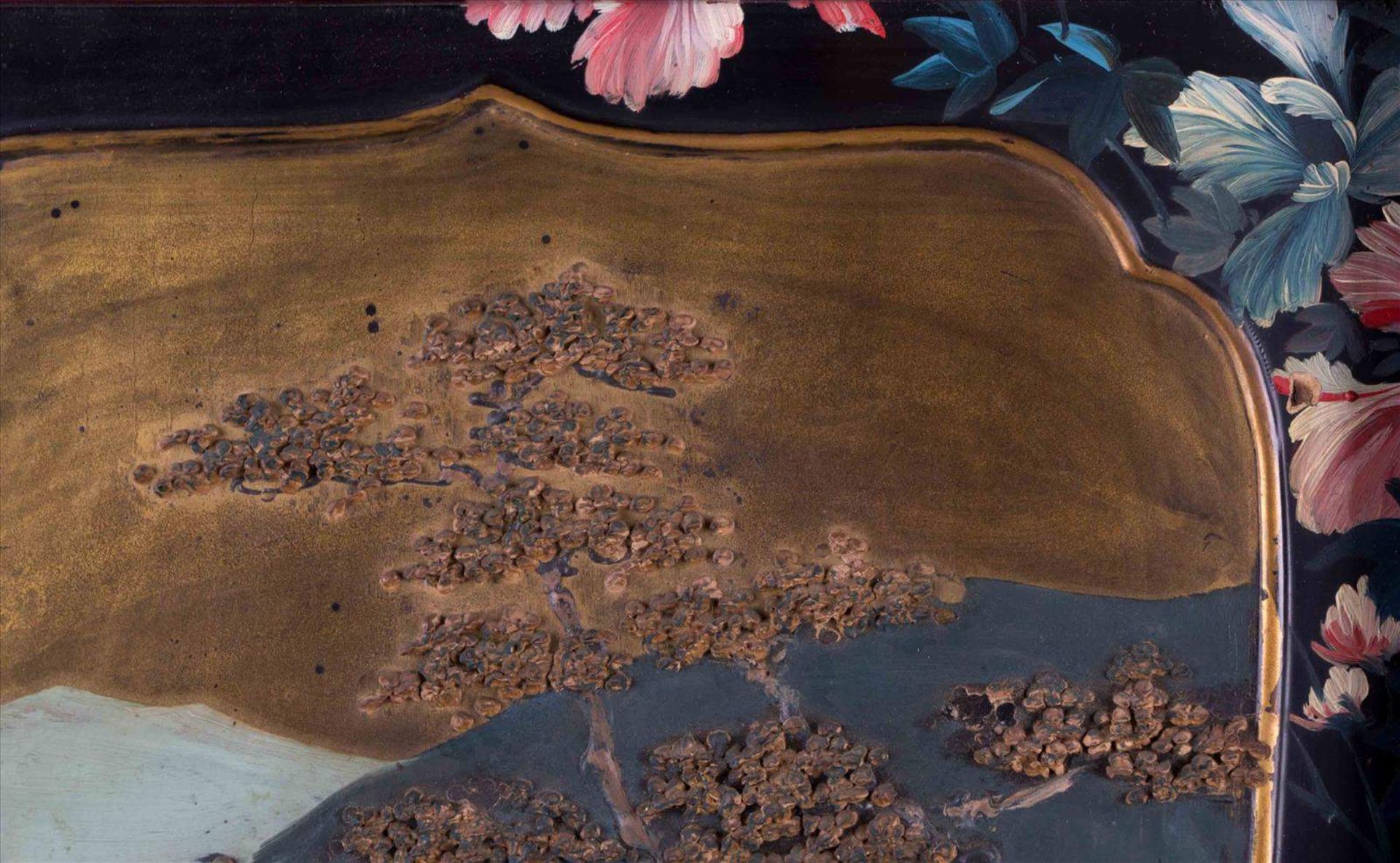 Lackmalerei China um 1900 / Varnish painting, China about 1900 im Spiegel Landschaftsszene mit - Bild 2 aus 6