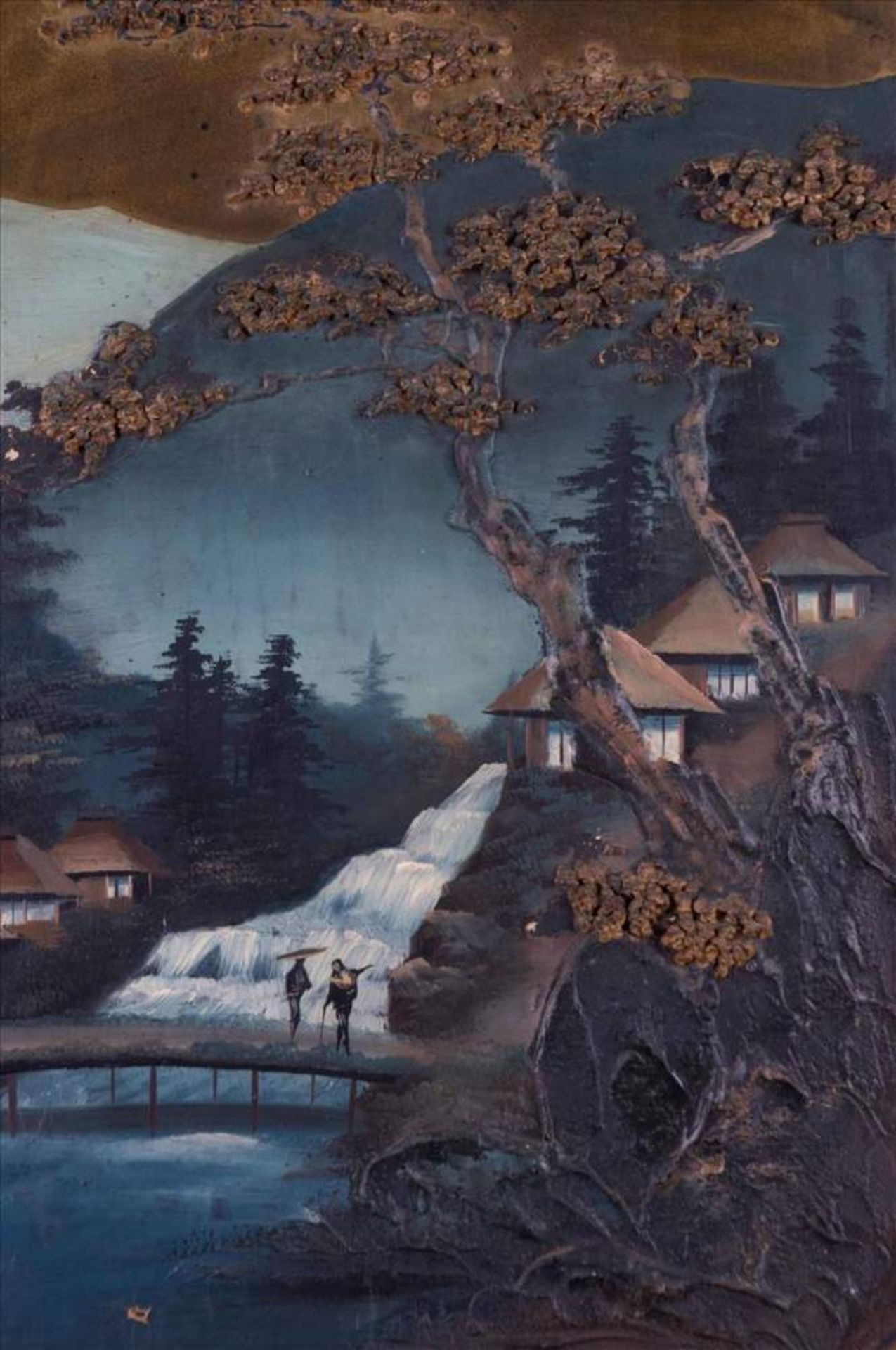 Lackmalerei China um 1900 / Varnish painting, China about 1900 im Spiegel Landschaftsszene mit - Bild 6 aus 6