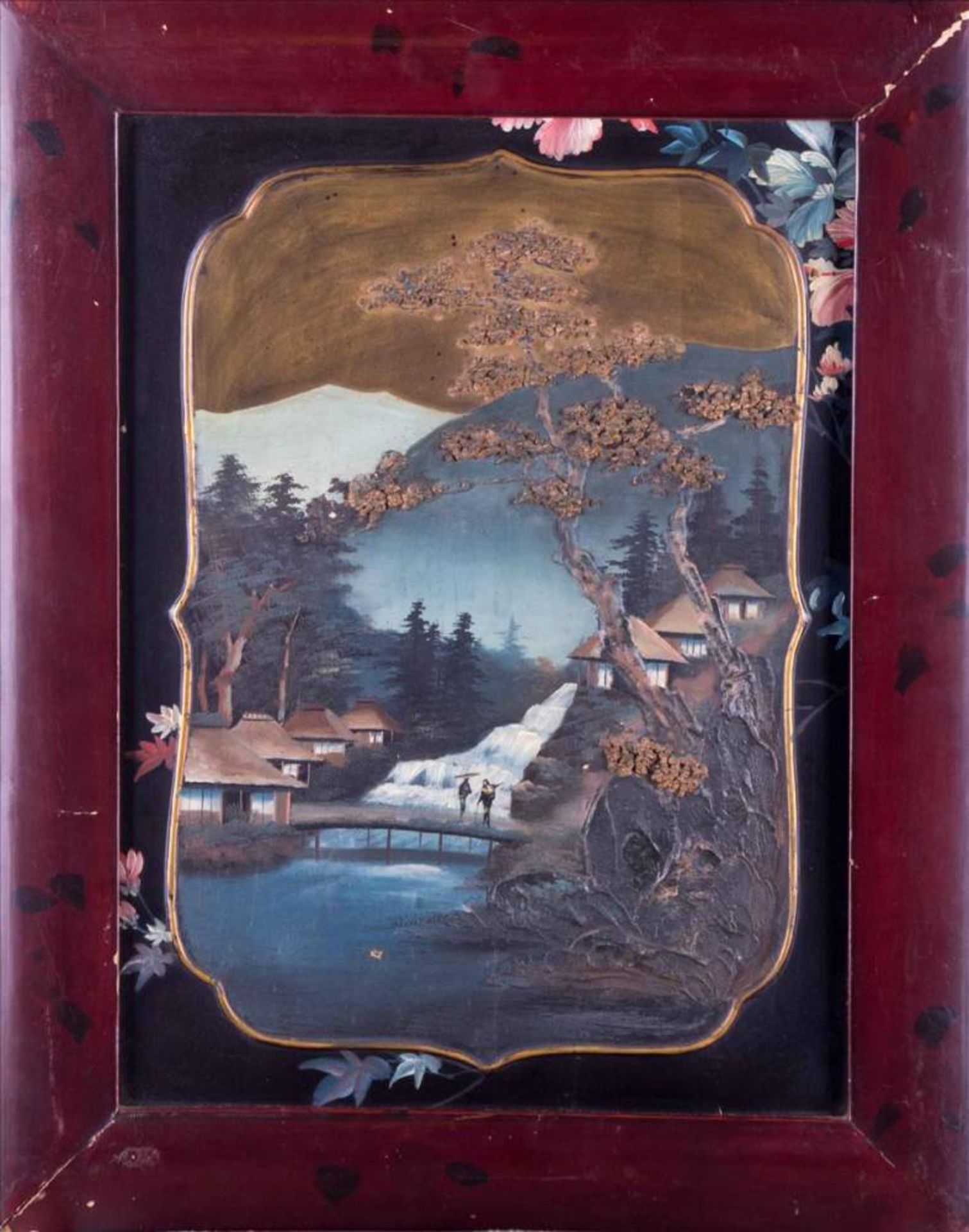 Lackmalerei China um 1900 / Varnish painting, China about 1900 im Spiegel Landschaftsszene mit