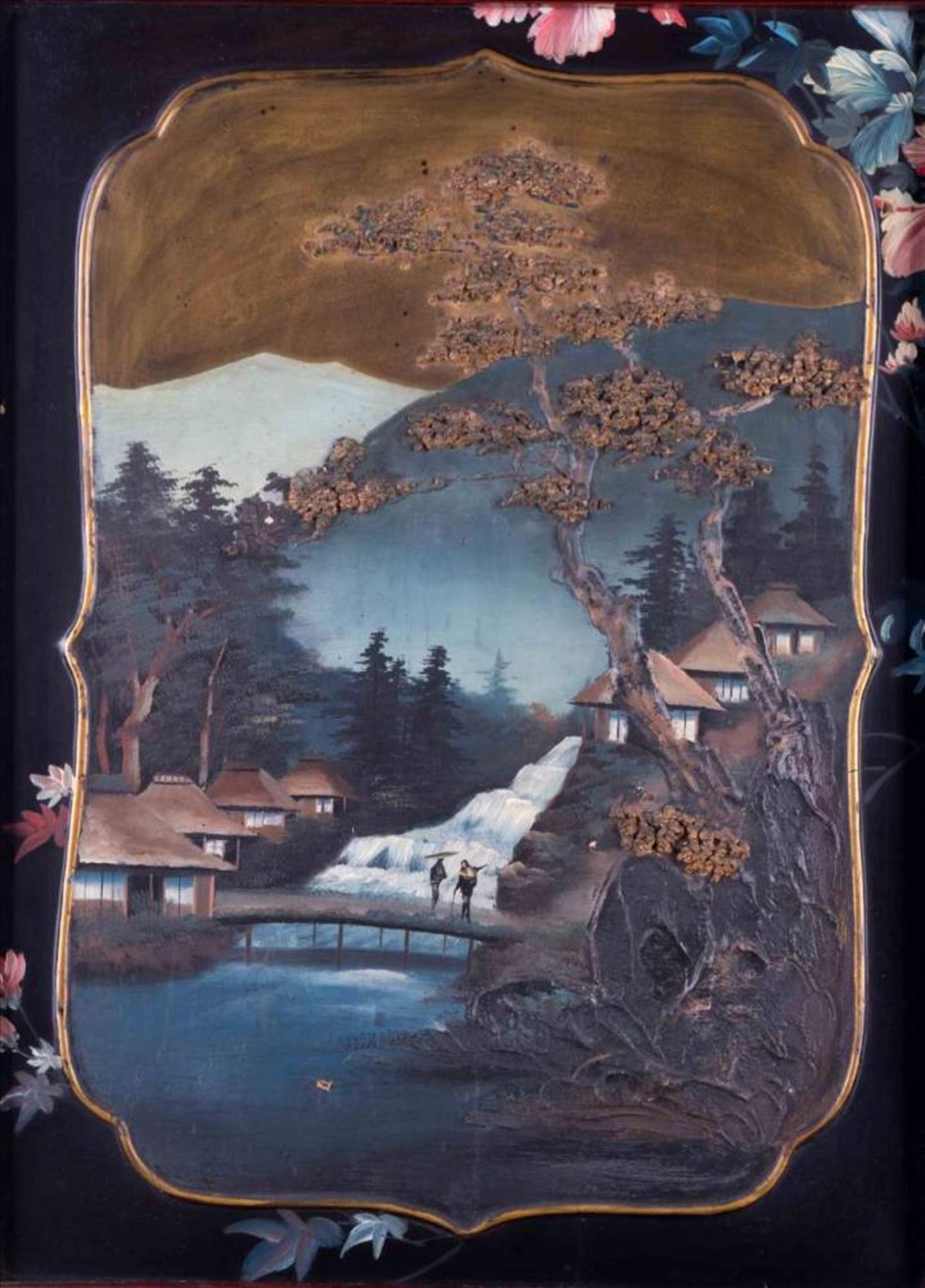 Lackmalerei China um 1900 / Varnish painting, China about 1900 im Spiegel Landschaftsszene mit - Bild 4 aus 6