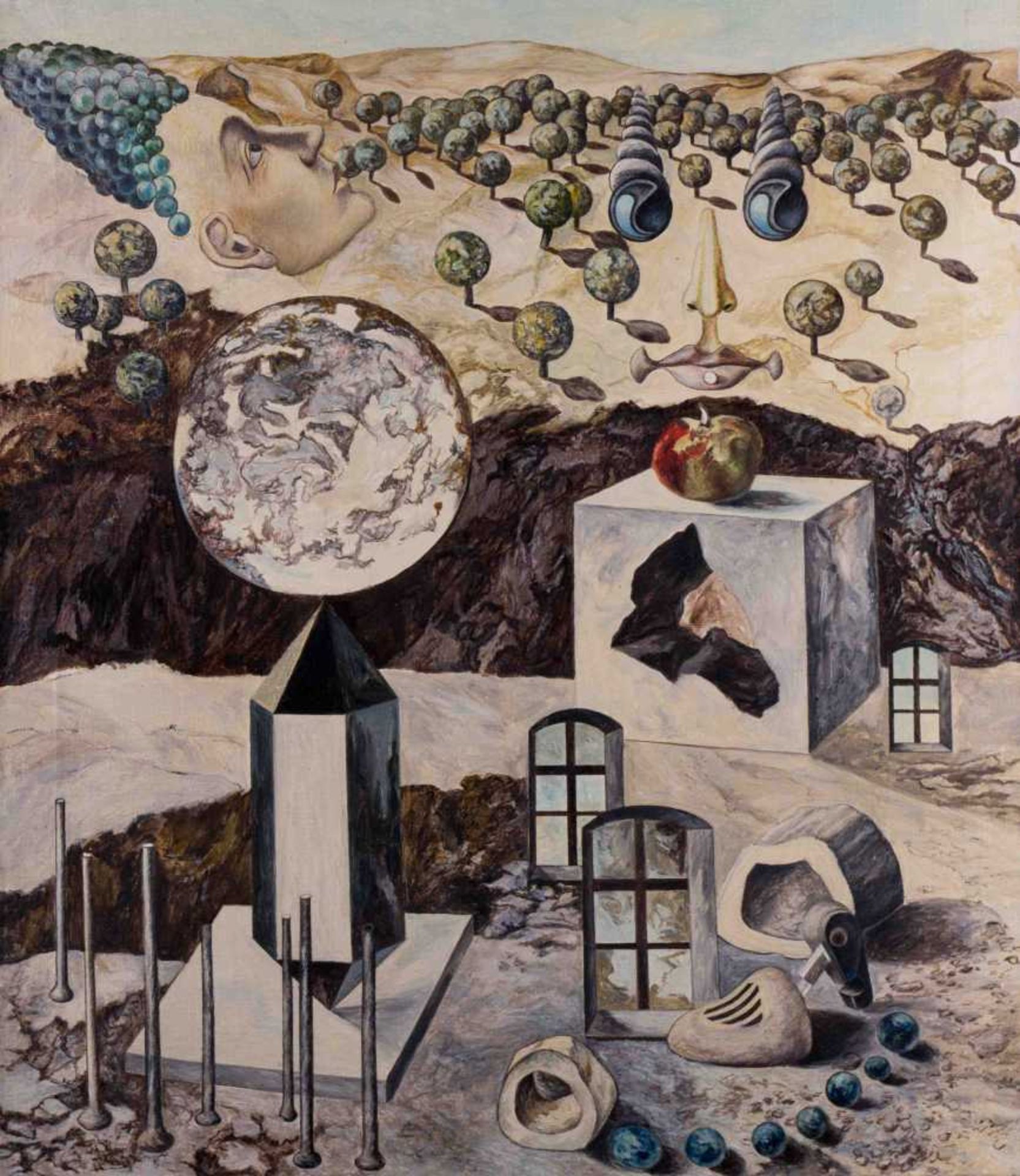 Samuel BAK (1933)(Attrib.) "Surealistische Landschaft mit Apfel" Gemälde Öl/Leinwand, 75,3 cm x 65,3