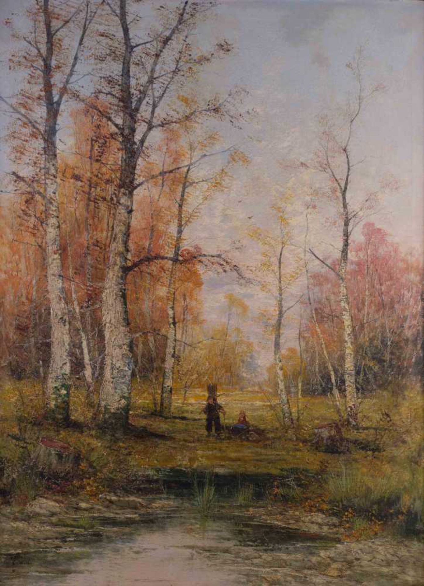 C.Will 19./20. Jhd. "Reisigsammler im Birkenwald" Gemälde Öl/Leinwand, 100 cm x 75 cm, links unten