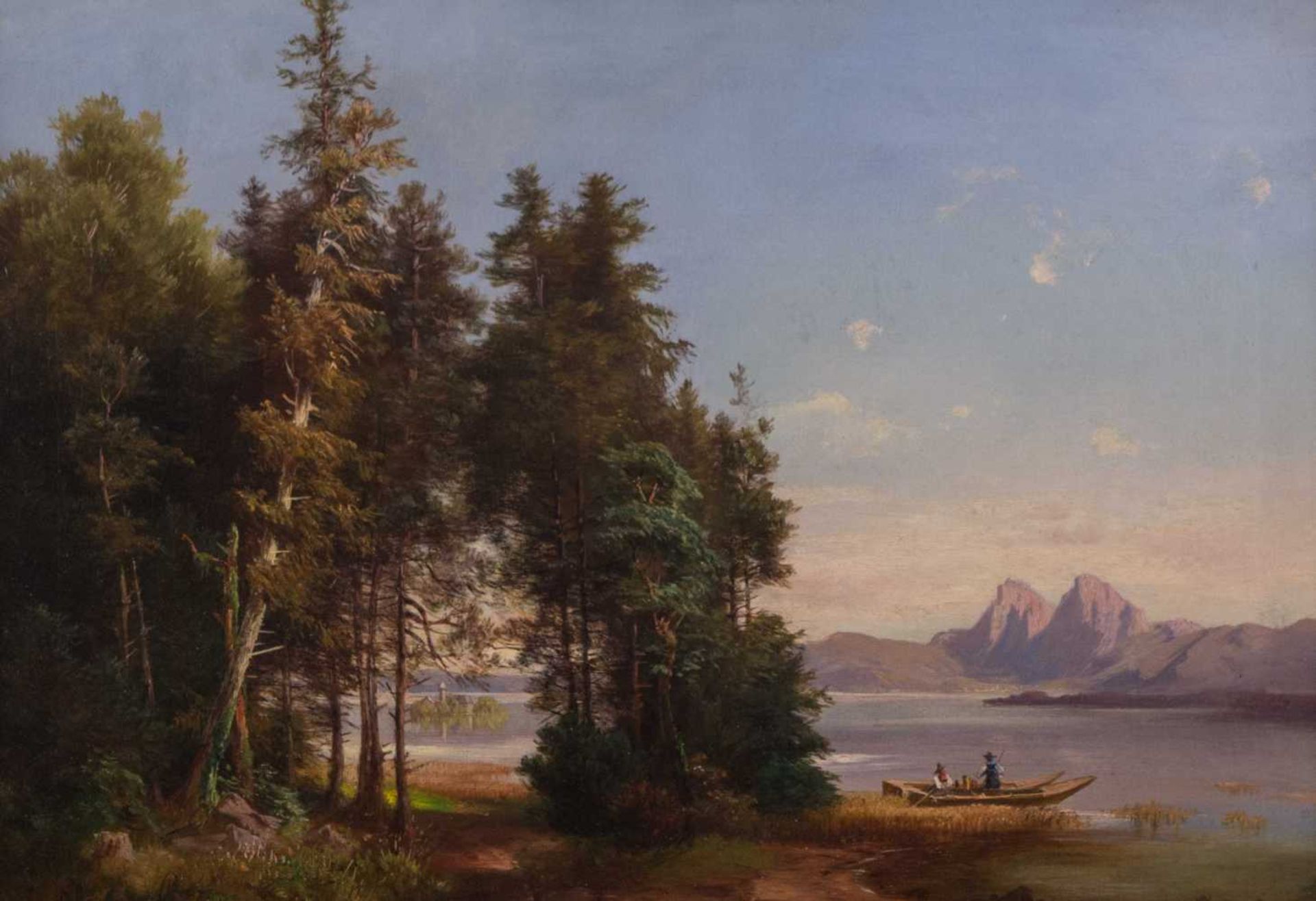 Anna PLOMMER (1836-1890) "Am Ufer eines Gebirgsees" Gemälde Öl/Leinwand(doubliert), 32 cm x 48 cm,