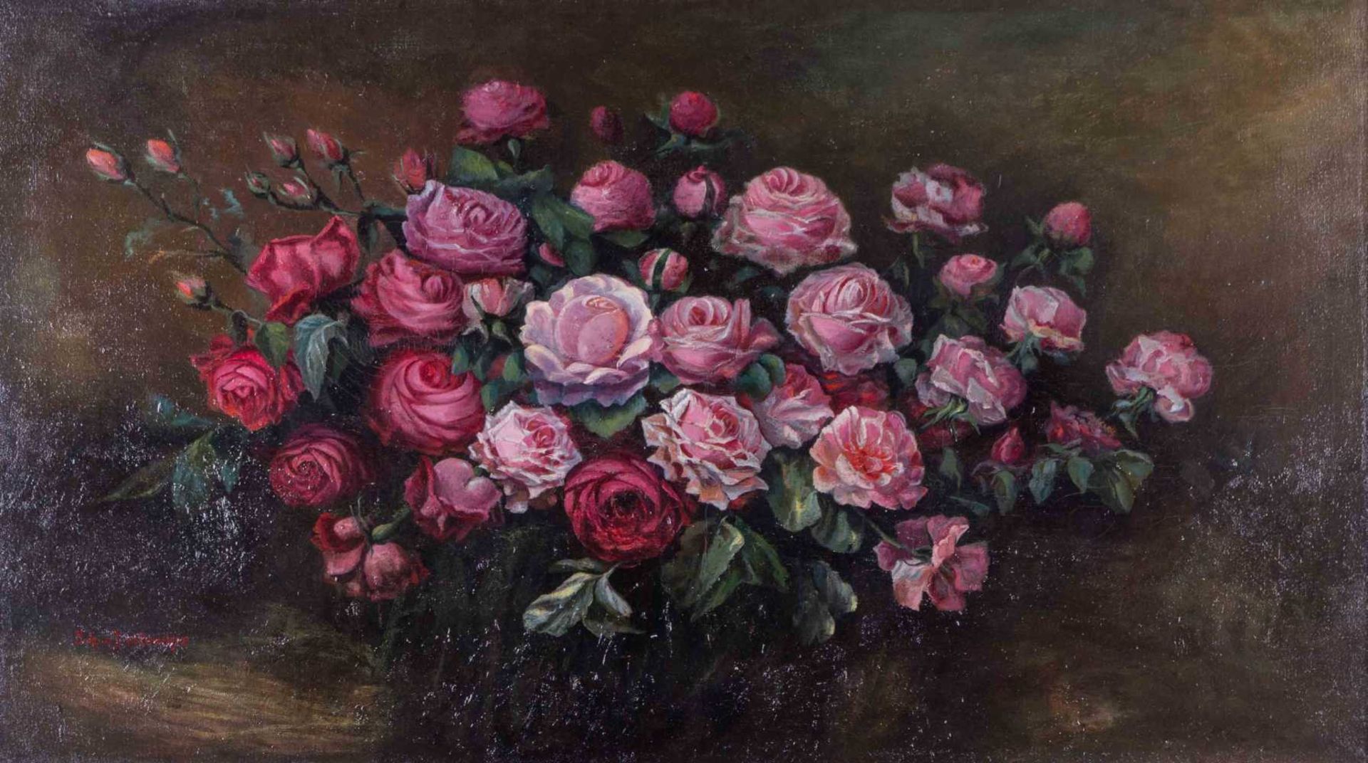 Johanna VON DESTOUCHES (1869-1956) "Rosen Stillleben" Gemälde Öl/Leinwand, 68,5 cm x 121,5 cm, links