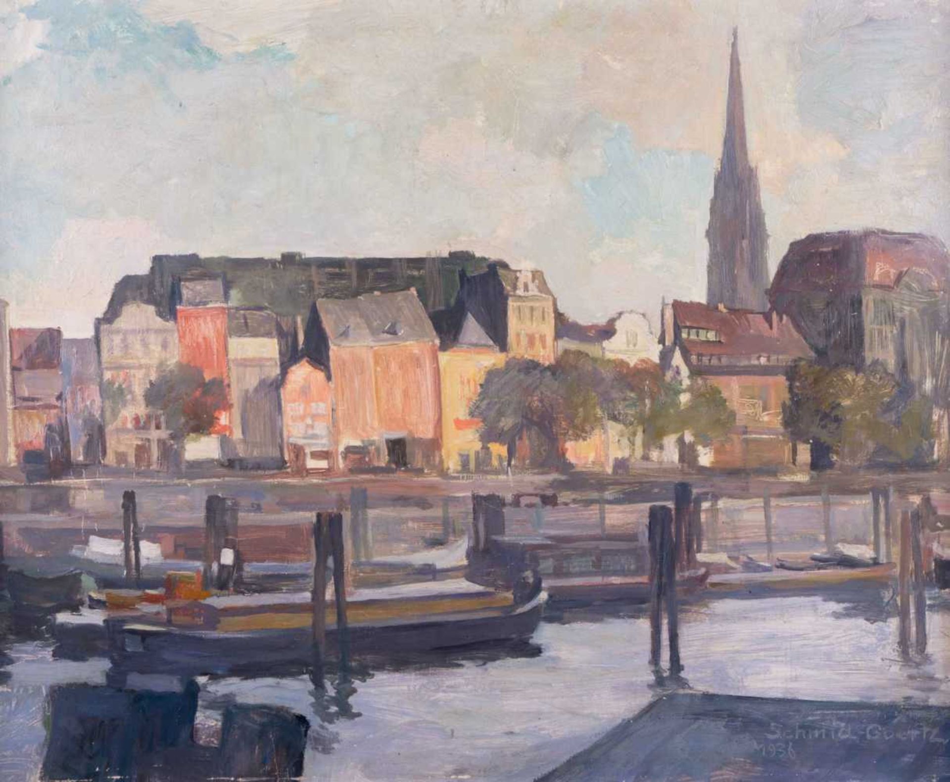 Gustav SCHMID-GOERTZ (1889-?) "am Hamburger Hafen" Gemälde Öl/Karton, 51 cm x 61 cm, rechts unten