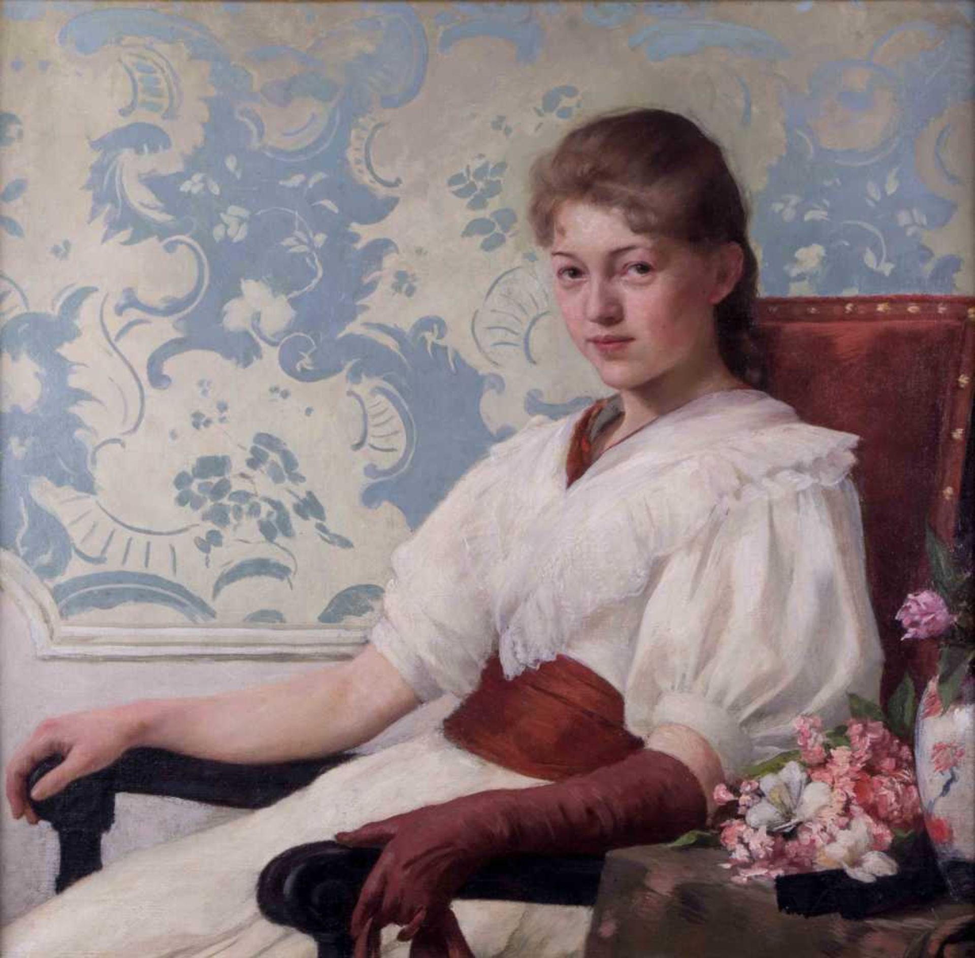 Fritz BURGER (1867-?) "Sitzendes Mädchen" Gemälde Öl/Leinwand, 85 cm x 85 cm, rückseitig auf