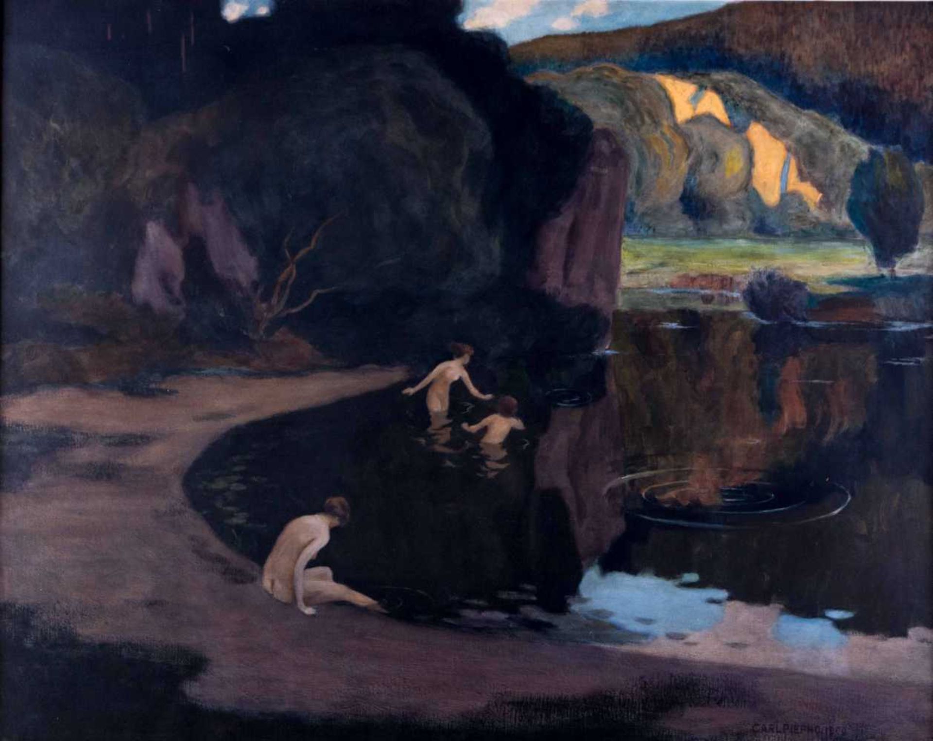 Carl Johann Nikolaus PIEPHO (1869-1920) "drei Damen beim Baden im Bergsee" Gemälde Mischtechnik/