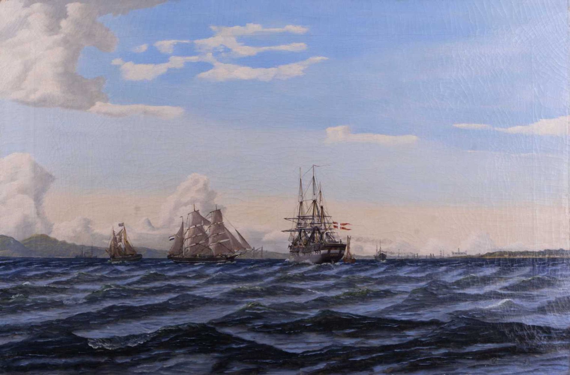 Marinemaler 19. Jhd / Marine painter, 19th century "Seegelschiffe im Kattegat mit Blick auf das