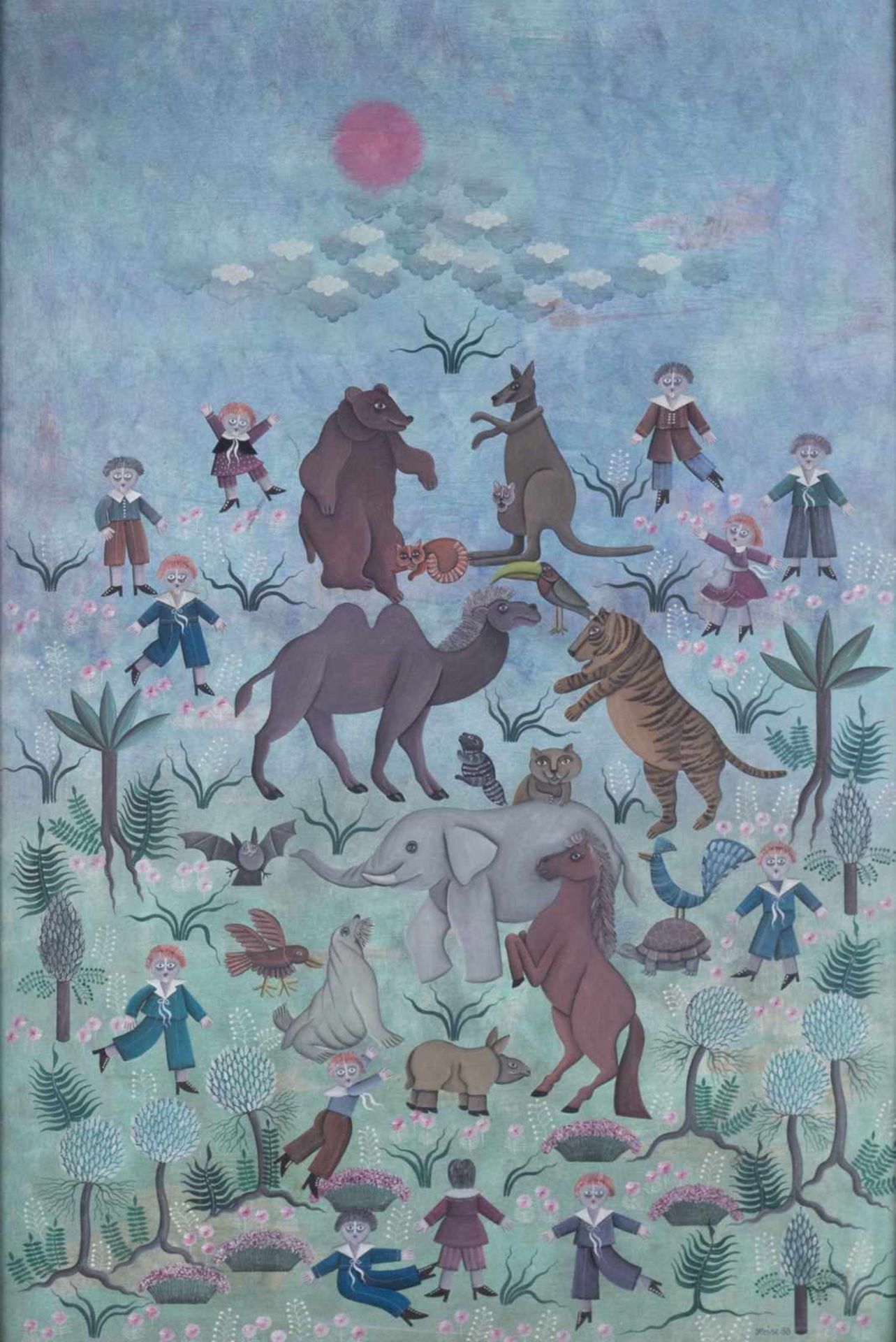 Hannelore HEISE (1941) "Spaziergang im Zoo" Gemälde Öl/Hartfaser, 75 cm x 50 cm, rechts unten