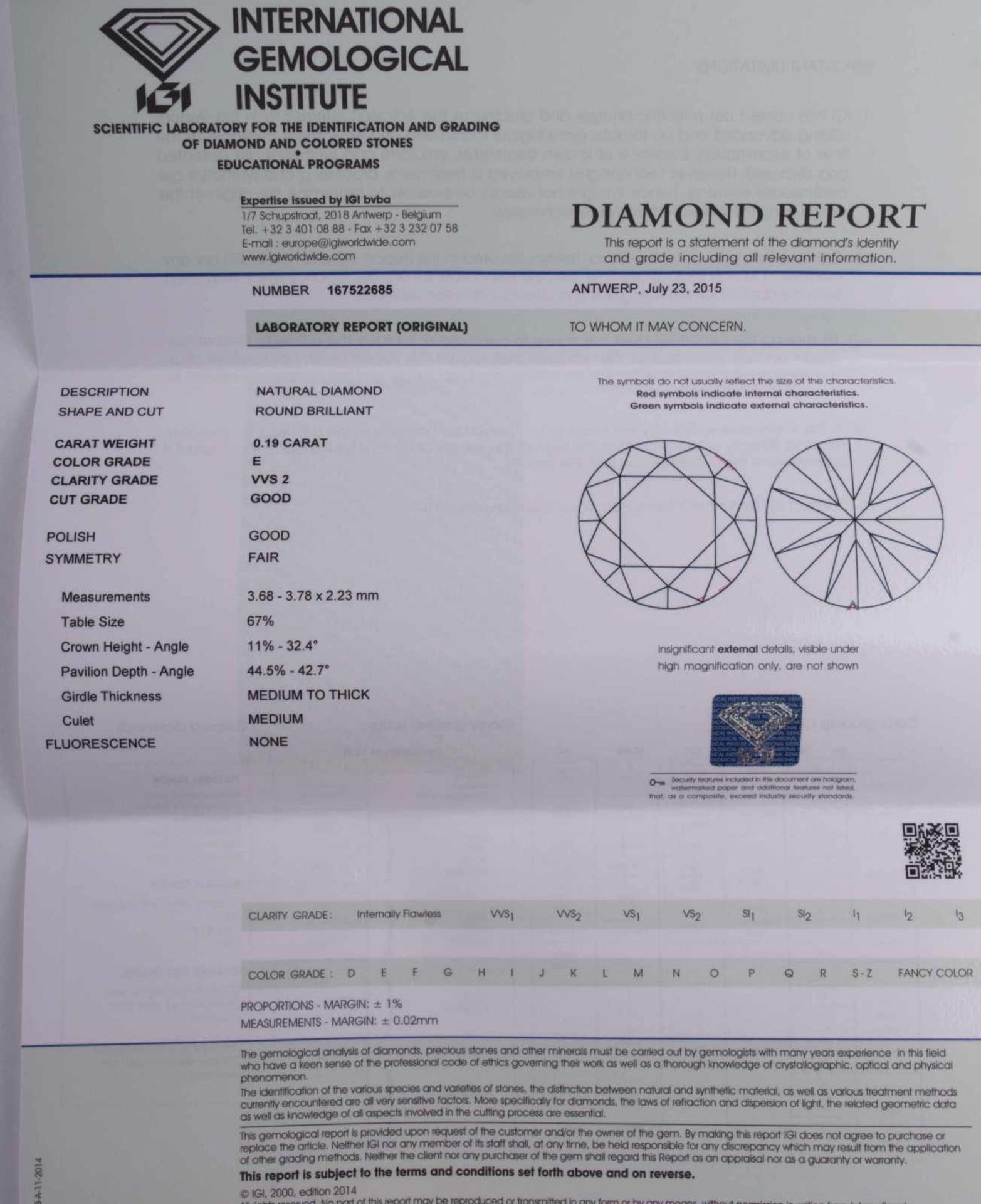 Solitär Diamant 0,19 ct Antwerpen / Solitaire diamond 0,19 ct, Antwerp mit gemmologischem - Image 3 of 3