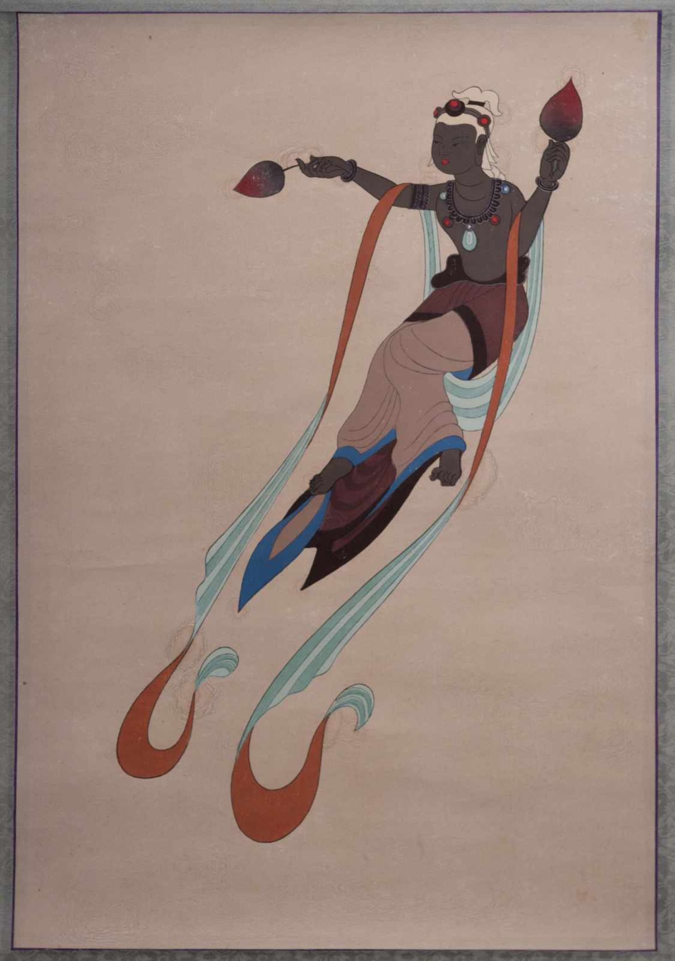 Rollbild China um 1900 / Scroll painting, China about 1900 fliegende Apsana, Tuschmalerei, 89 cm x - Image 2 of 3