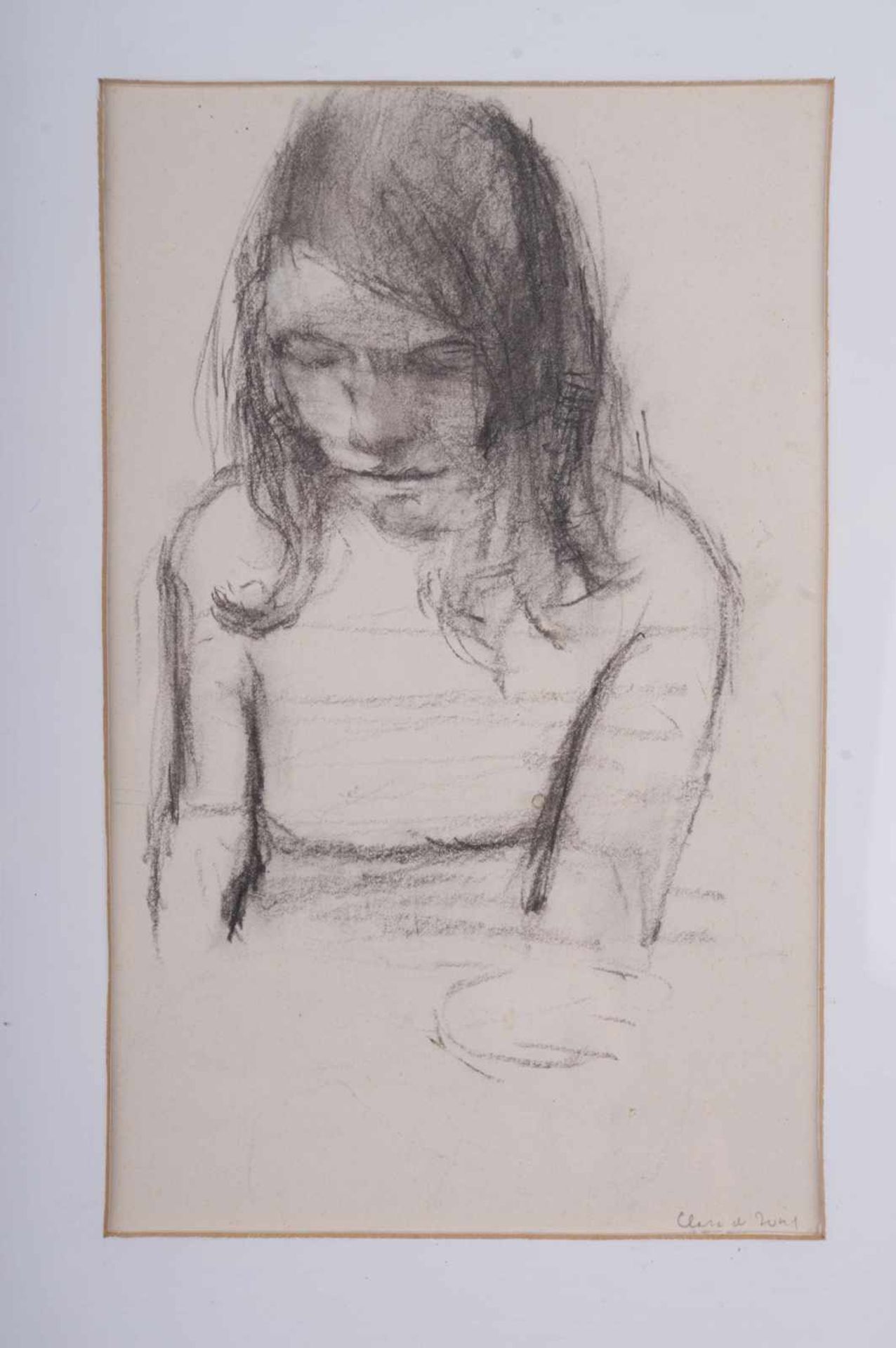 Clara DE JONG (1928-2005) "Mädchenportrait" Zeichnung-Kohlezeichnung, 24 cm x 15 cm, rechts unten