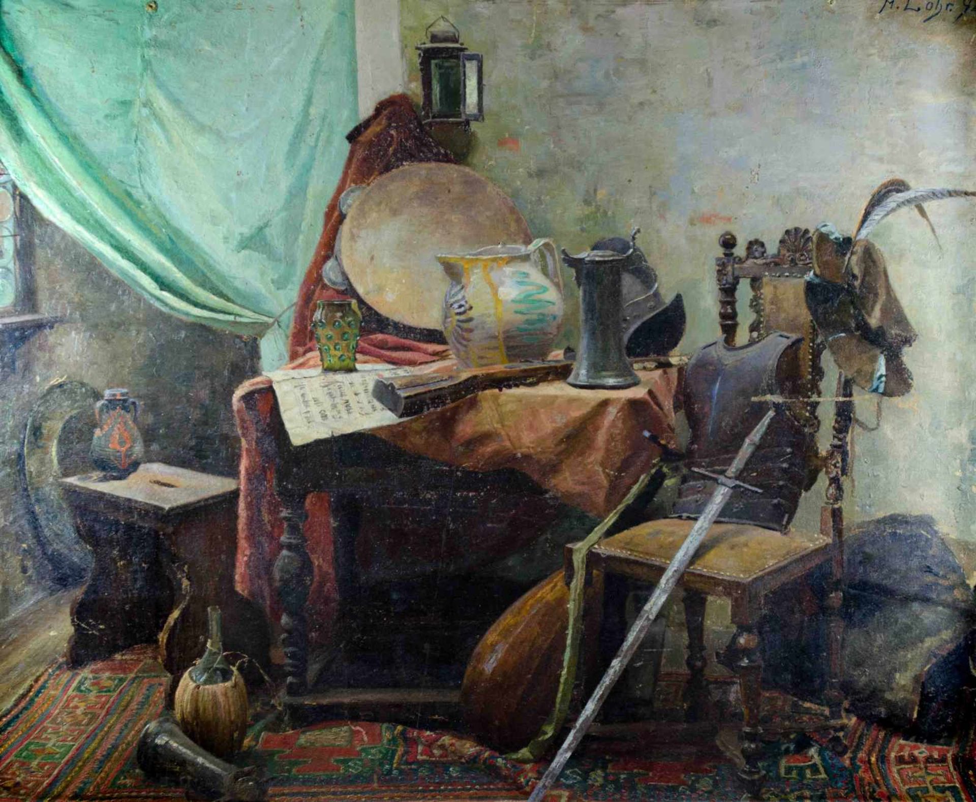 August LOHR (1842-1920) "mittelalterliches Interiör einer Ritterkammer" Gemälde Öl/Karton, 69 cm x