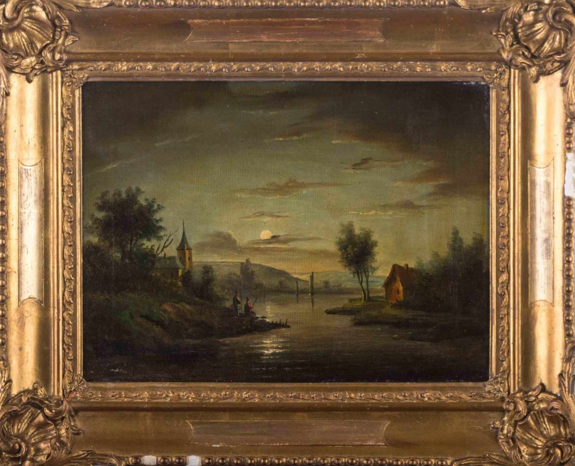 unbekannter Holländischer Künstler / Unidentified Dutch artist "angeln bei Mondschein" Gemälde Öl/ - Image 2 of 7