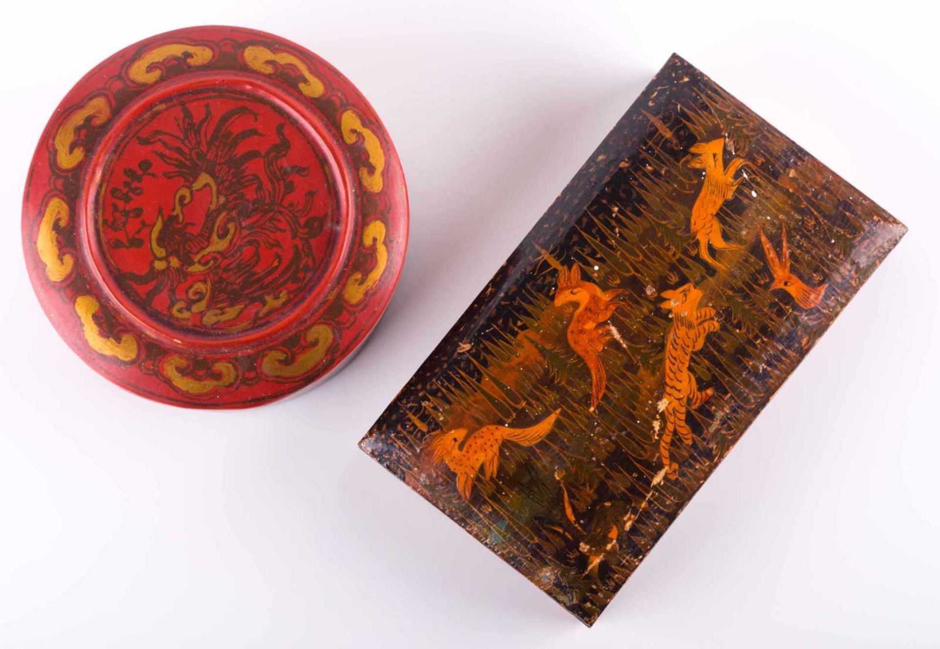 Paar Lackdosen China / pair of lacquered boxes, China 1 runde Dose, H: ca. 8 cm, Ø ca. 13 cm, 1 - Image 2 of 5