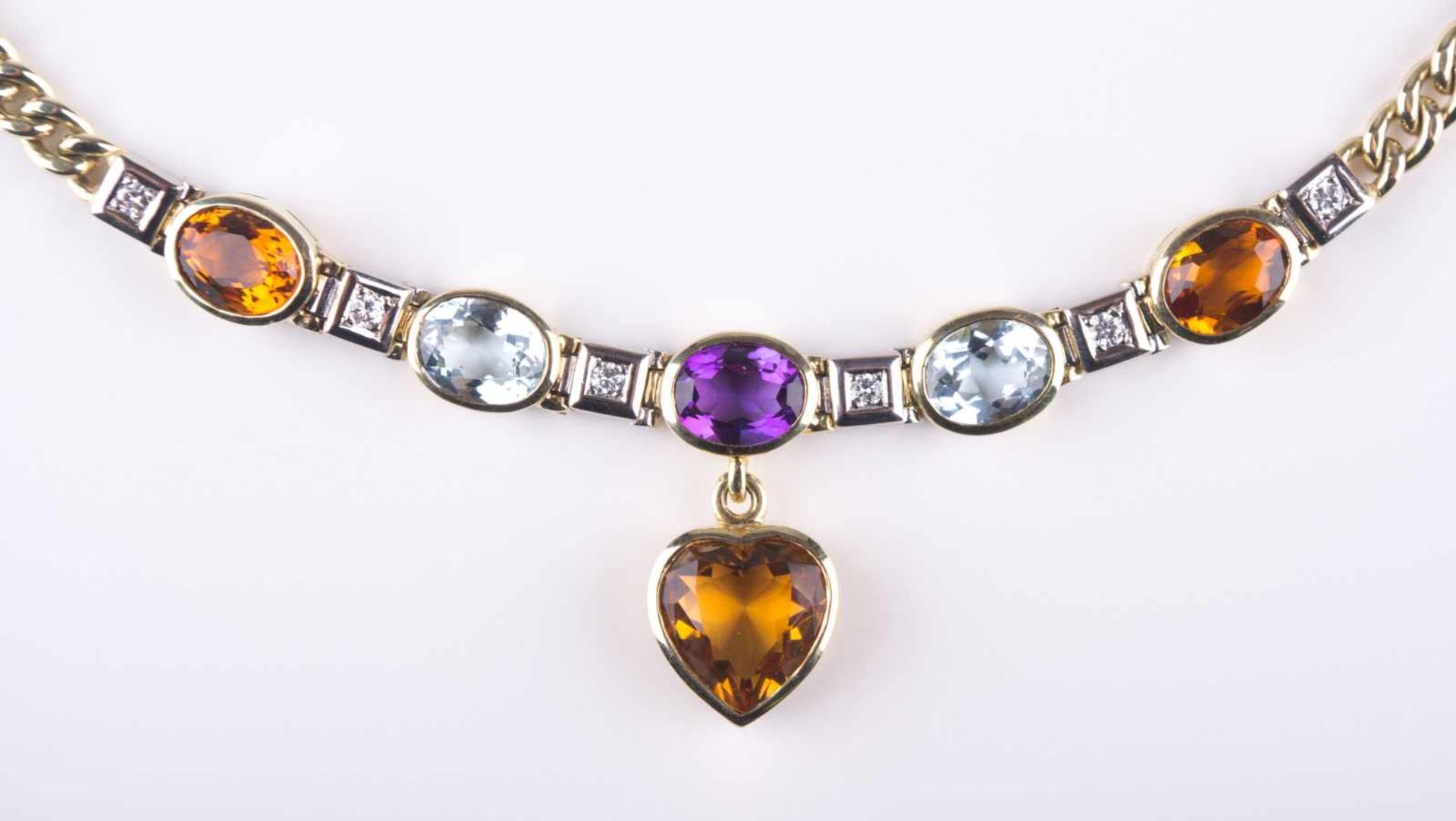Schweres Damen-Collier / Heavy women´s necklace 585/000 GG, mit Edelsteinbesatz, Aquamarin,
