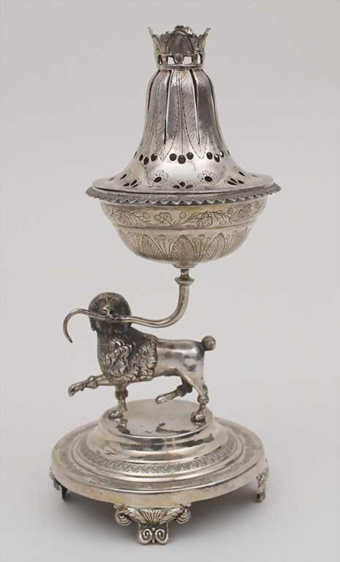 Brûle-Parfum mit Pudel / Poodle, Carreras, Barcelona, ca. 1830 Punzierung: Silber, Beschaumarke,
