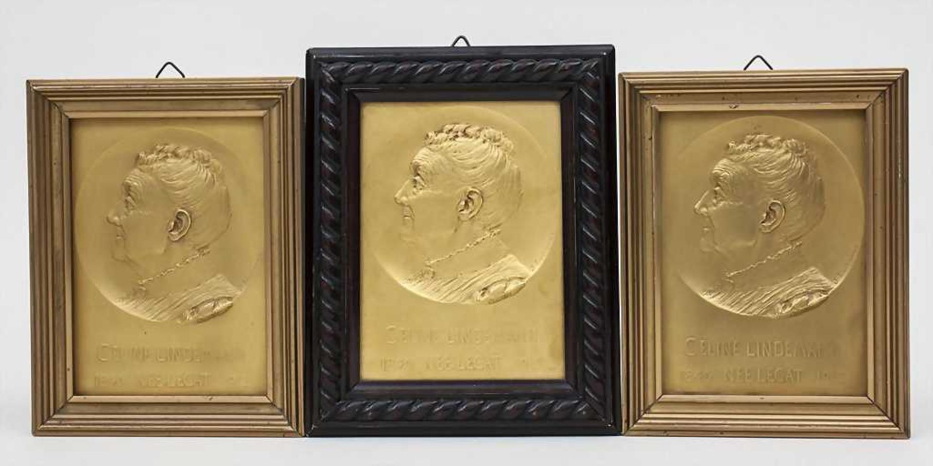 3 Porträts Celine Lindemann / Portraits Technik: Bronze, vergoldet, unterschiedliche Rahmungen,