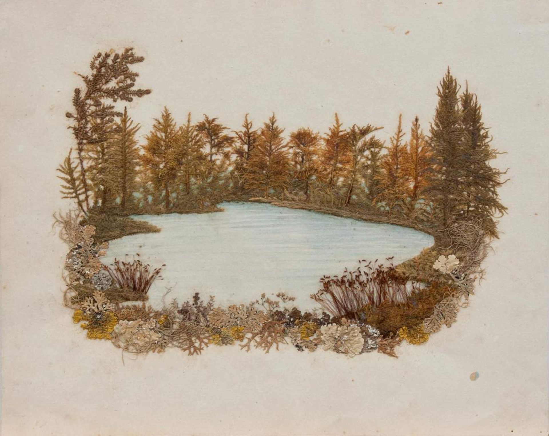 Biedermeier-CollageMitte 19. Jh., Darstellung eines Weihers im Wald aus getrockneten Gräsern,