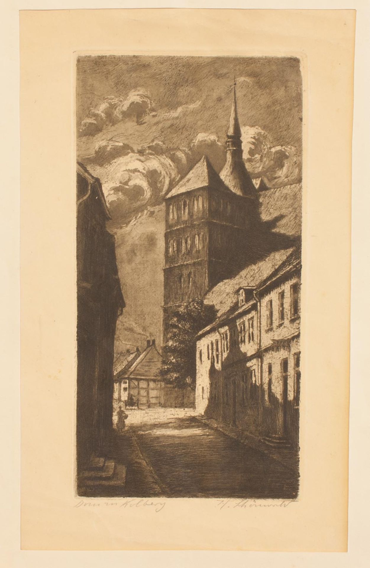 H. Schönwald (Stralsunder oder Rügener Landschafsmaler um 1920) Dom zu Kolberg Orig.-Radierung, 21,5