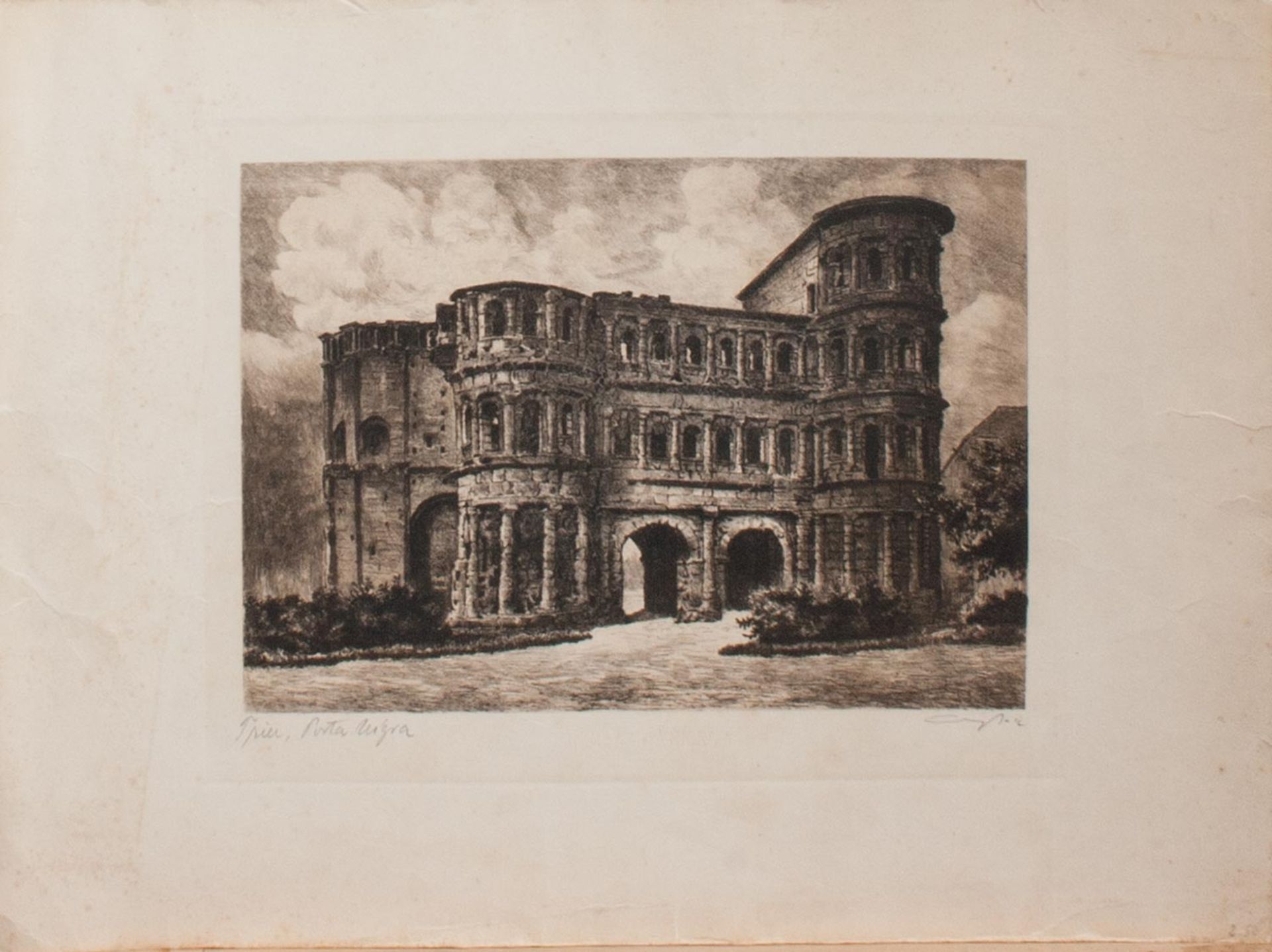 Unbekannter Grafiker um 1900 Die Porta Nigra in Trier Orig.-Radierung, 21 x 27 cm, unger.,