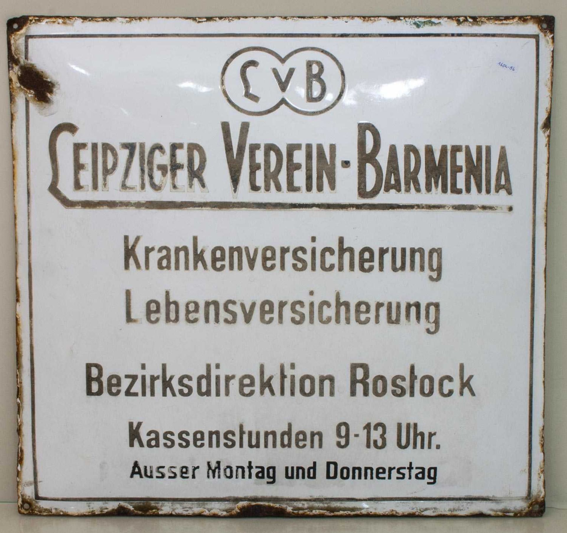 Reklameschild Leipziger Verein Barmenia, Eisen emailiert, 44,5 x 48 cm, altersbedingte Abplatzungen