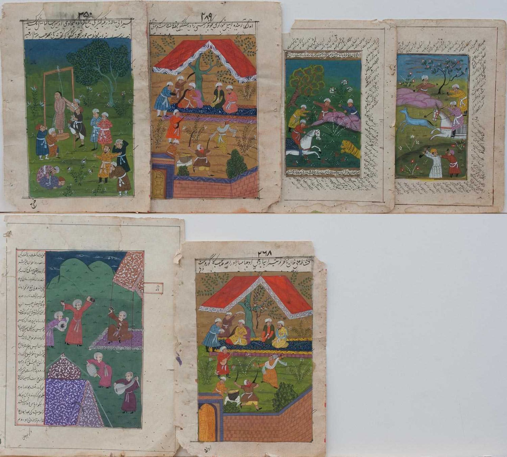 6 indische Buchseiten Kashmir um 1800, Aquarelle auf Buchseiten mit Darstellungen aus dem