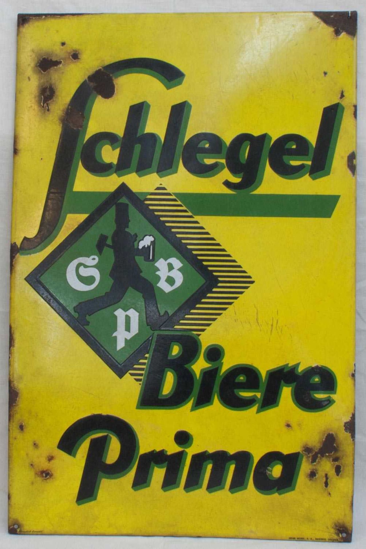 Reklameschild um 1900, "Schlegel Biere Prima", Eisen emailiert, Hersteller Union Werke A.-G.